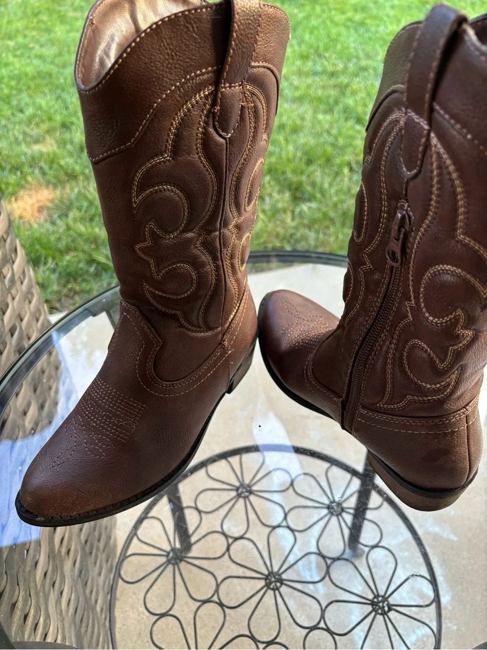 Cat & Jack Girls Western Cowboy Boots Brown Embroidered Side Zip Size 2